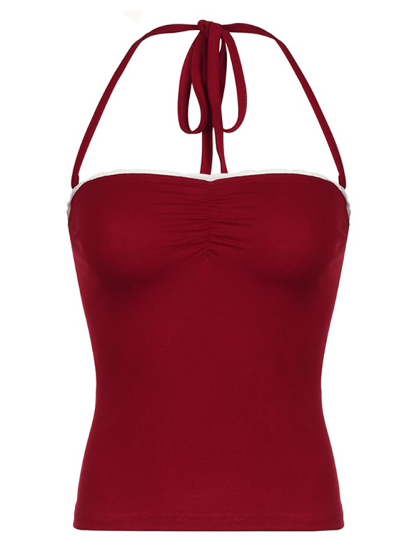 Chic red halter top with lace accents