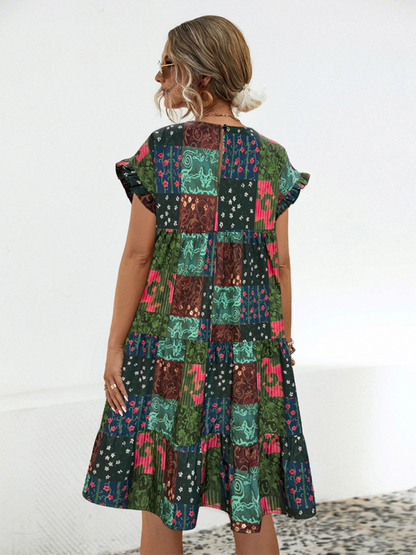 Chic Gathered A-Line Dress For Women in Full Print