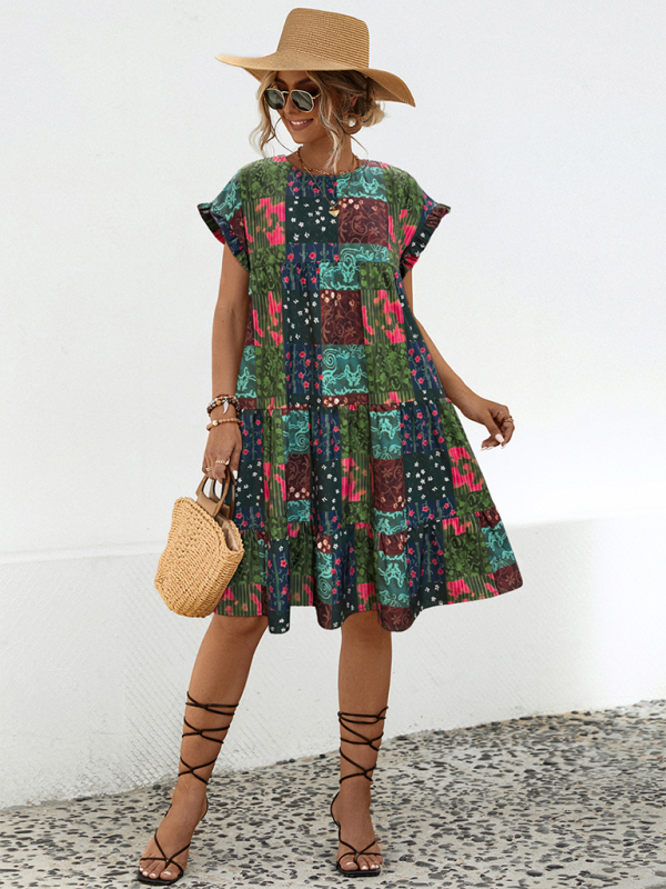 Chic Gathered A-Line Dress For Women in Full Print