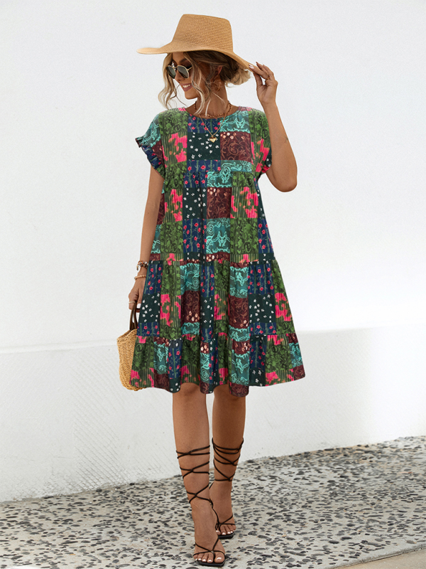 Chic Gathered A-Line Dress For Women in Full Print