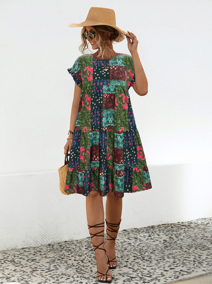 Chic Gathered A-Line Dress For Women in Full Print