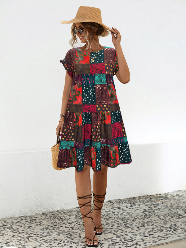 Chic Gathered A-Line Dress For Women in Full Print