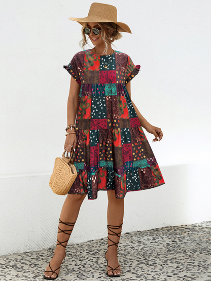 Chic Gathered A-Line Dress For Women in Full Print