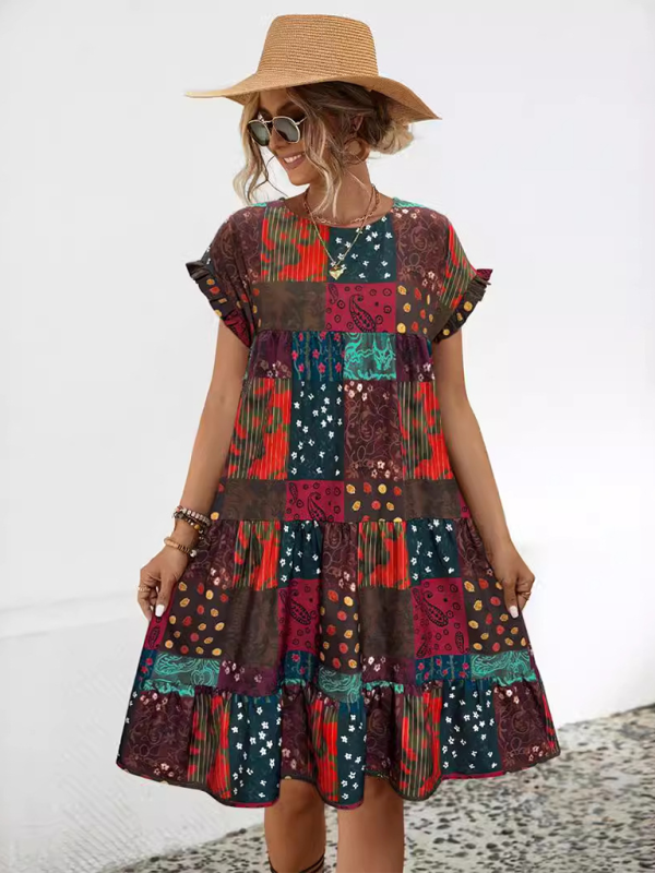 Chic Gathered A-Line Dress For Women in Full Print