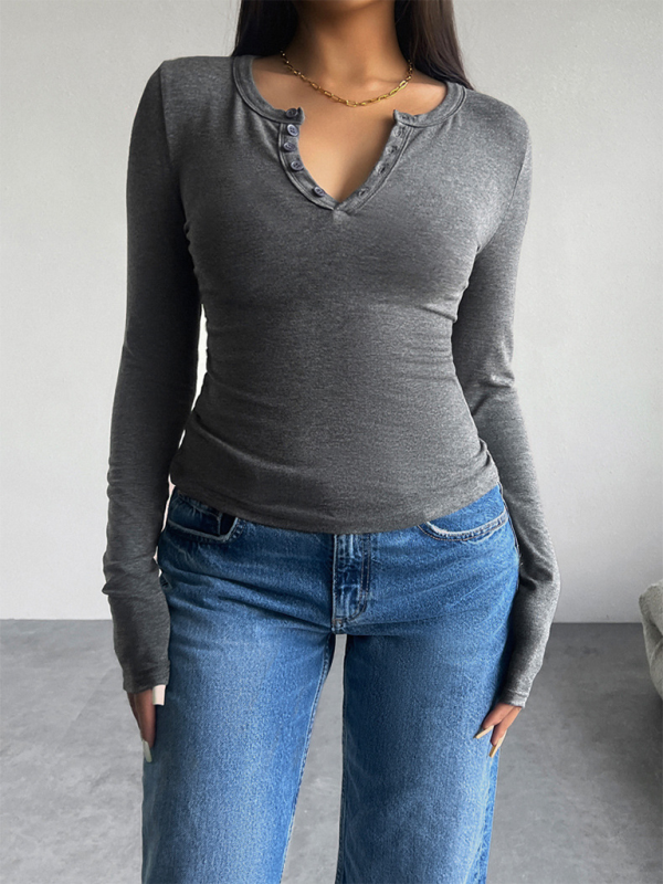 Slim Fit V-Neck Button Long Sleeve T-Shirt