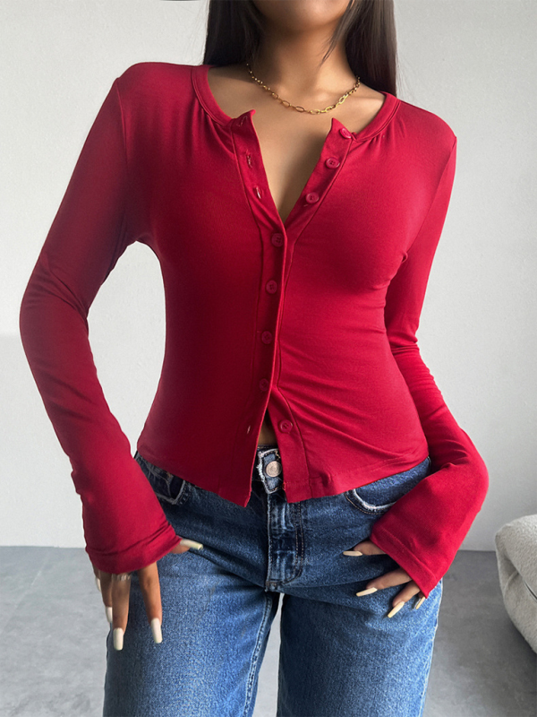 Solid Color Cardigan Button-Down Long Sleeve T-Shirt