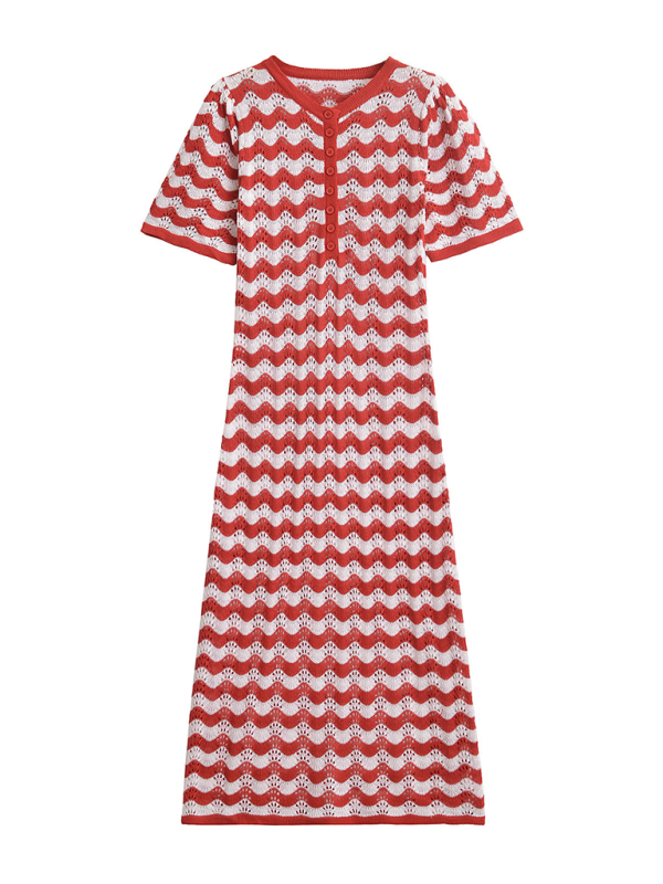 Chic Striped Knit Maxi Dress with Elegant Lapel Collar