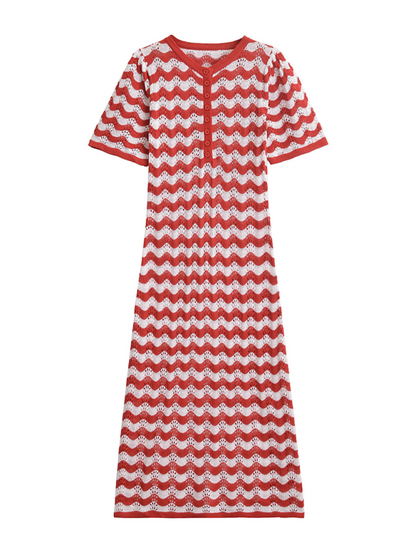 Chic Striped Knit Maxi Dress with Elegant Lapel Collar