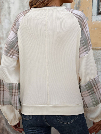 Plaid color-block pullover sweatshirt