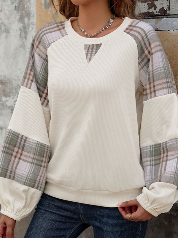 Plaid color-block pullover sweatshirt