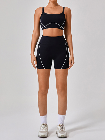 Skinny outdoor sports spaghetti strap contrast color suspender bra + shorts Yoga suit