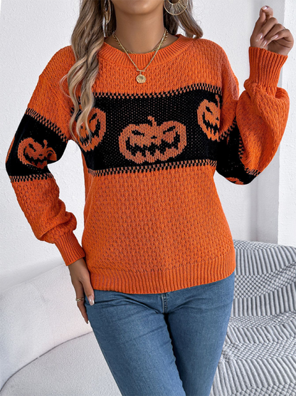 Color-blocked pumpkin head sweater