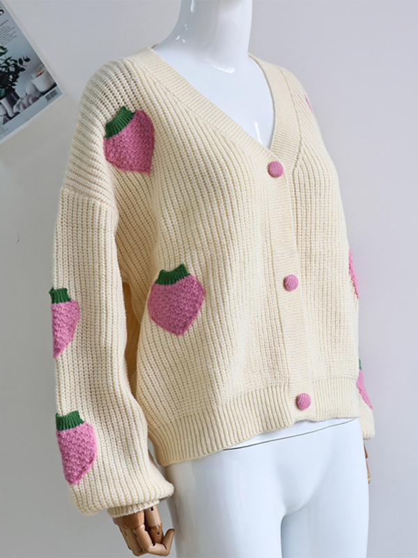 V-neck beige cardigan with strawberry embellishments