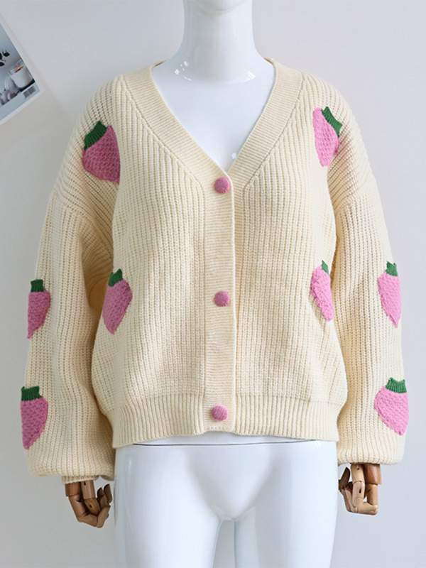 V-neck beige cardigan with strawberry embellishments