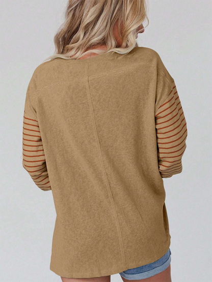 New pullover round neck casual striped color collision long sleeve t-shirt