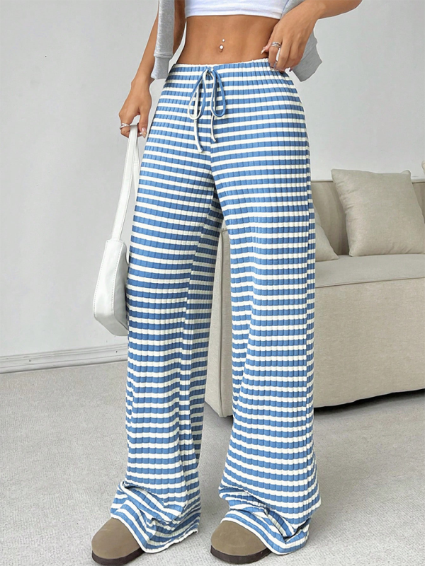 Casual Striped Drawstring Straight Leg Pants for Women with Rubber Band Waist