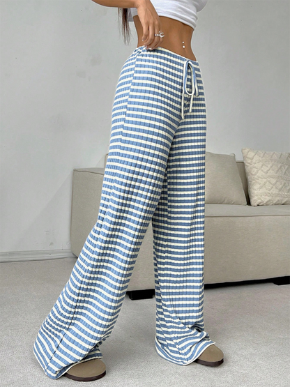 Casual Striped Drawstring Straight Leg Pants for Women with Rubber Band Waist