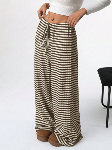 Casual Striped Drawstring Straight Leg Pants for Women with Rubber Band Waist