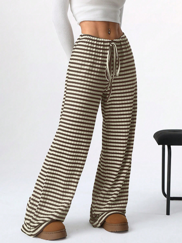 Casual Striped Drawstring Straight Leg Pants for Women with Rubber Band Waist