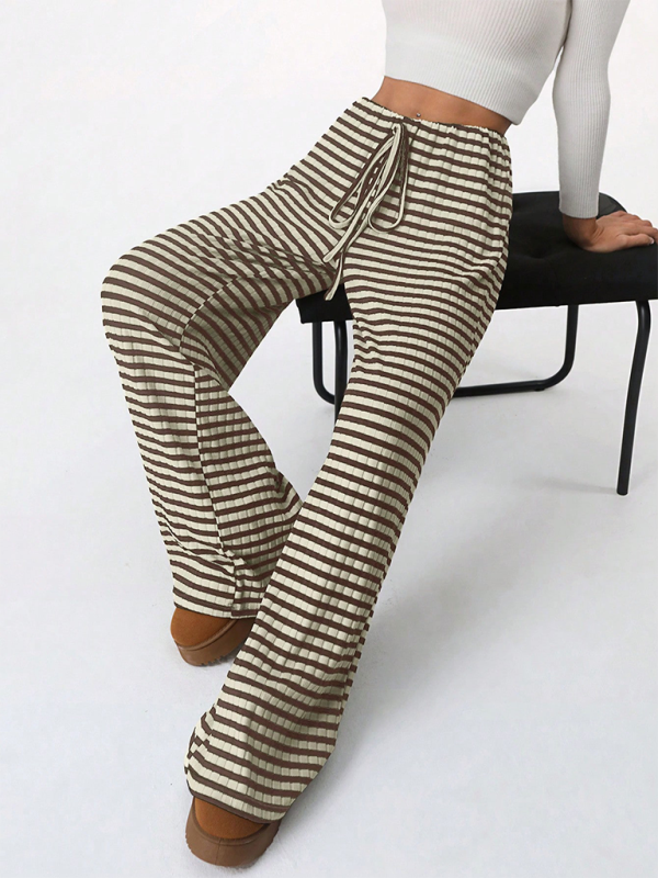 Casual Striped Drawstring Straight Leg Pants for Women with Rubber Band Waist