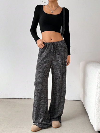 Casual Striped Drawstring Straight Leg Pants for Women with Rubber Band Waist