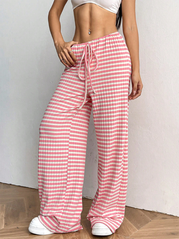 Casual Striped Drawstring Straight Leg Pants for Women with Rubber Band Waist