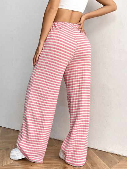 Casual Striped Drawstring Straight Leg Pants for Women with Rubber Band Waist