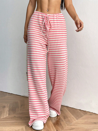 Casual Striped Drawstring Straight Leg Pants for Women with Rubber Band Waist