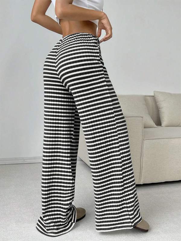 Casual Striped Drawstring Straight Leg Pants for Women with Rubber Band Waist