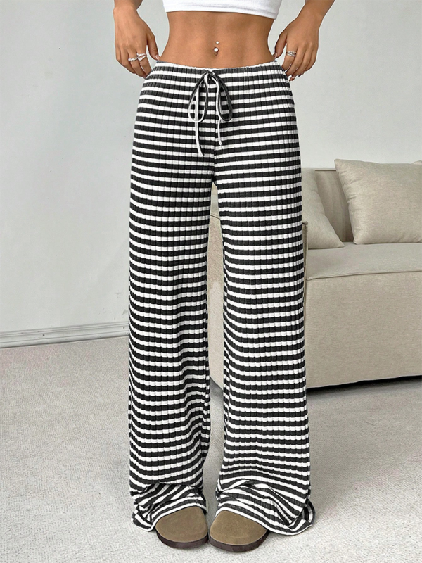 Casual Striped Drawstring Straight Leg Pants for Women with Rubber Band Waist