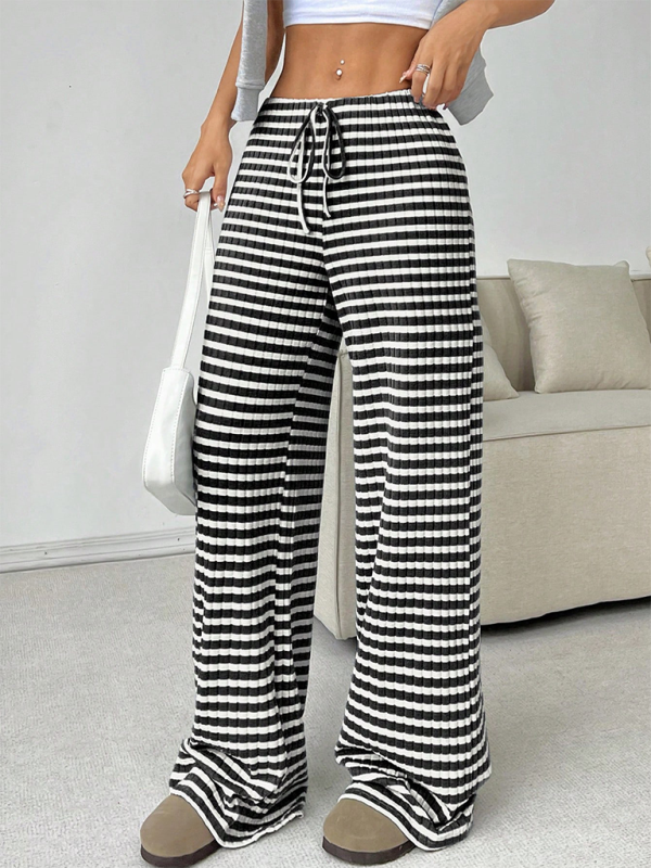 Casual Striped Drawstring Straight Leg Pants for Women with Rubber Band Waist