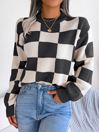 Trendy plaid color block sweater