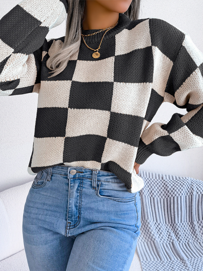 Trendy plaid color block sweater