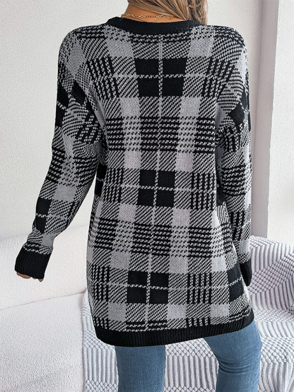 Casual plaid pocket cardigan sweater