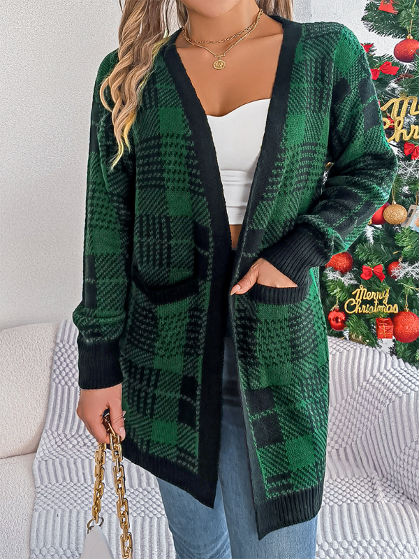 Casual plaid pocket cardigan sweater