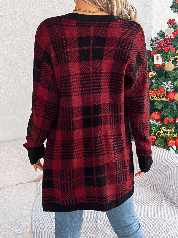 Casual plaid pocket cardigan sweater