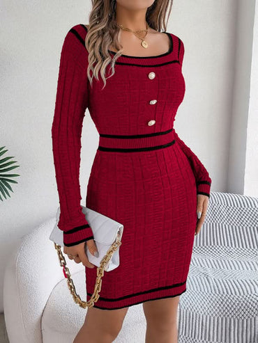 Elegant Square Neck Sweater Skirt