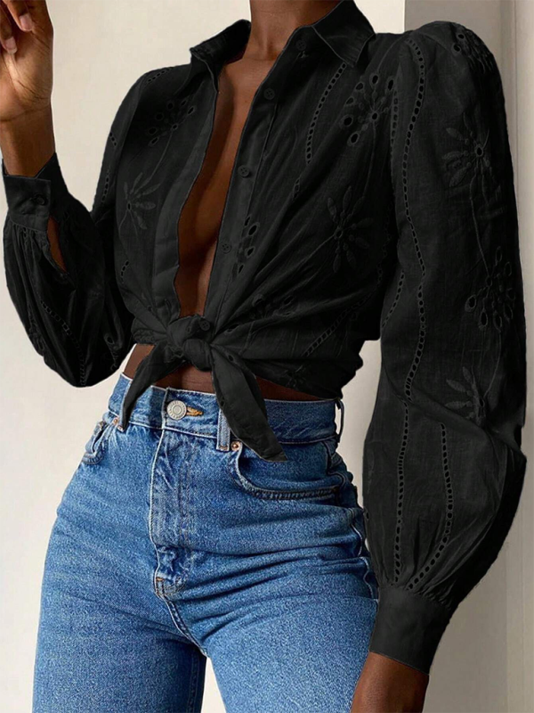 New Single Breasted Solid Color Embroidered Long Sleeve Lapel Shirt