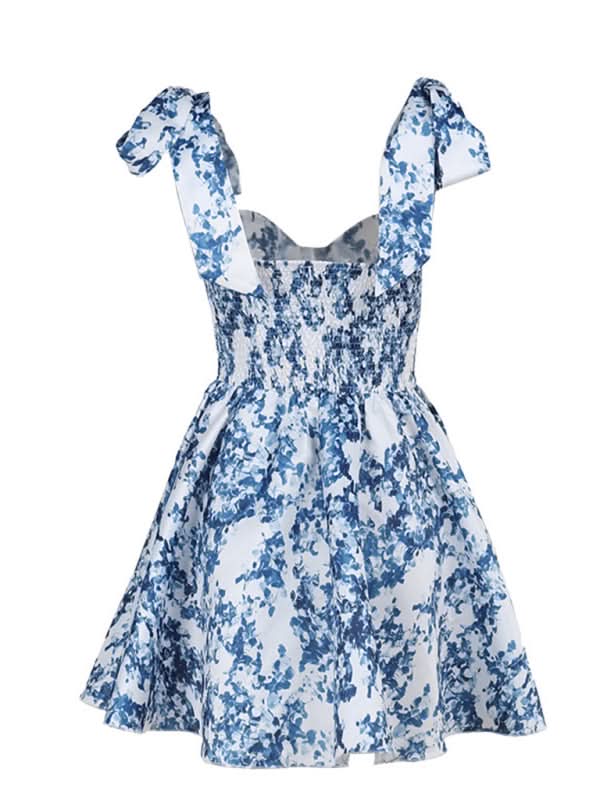 Chic Holiday-Inspired Slim Fit Printed A-Line Dress with Lace-Up Detail