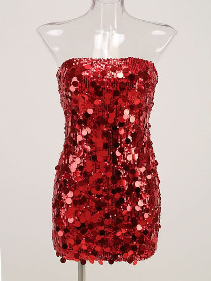 Stylish Women's Sequined Tube Top Dress with Hip-Skimming Skirt for Evening Wear