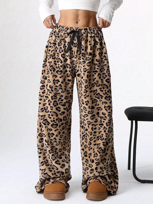 Leopard Print Wide-Leg Casual Pants with Lace-Up Detail