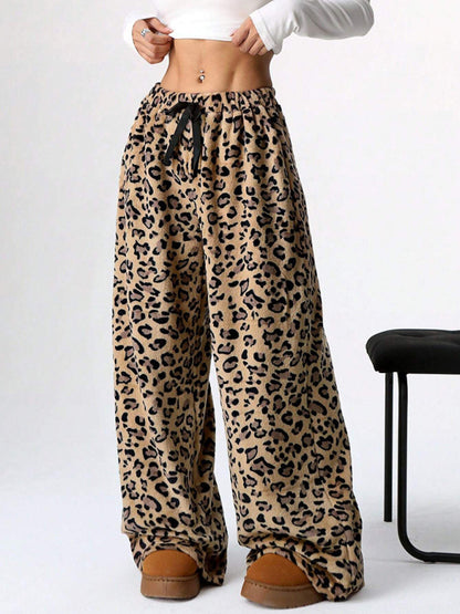 Leopard Print Wide-Leg Casual Pants with Lace-Up Detail