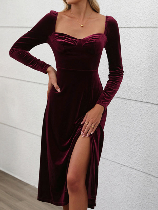 Elegant Velvet Maxi Dress with Side Slit for Autumn and Winter Parties