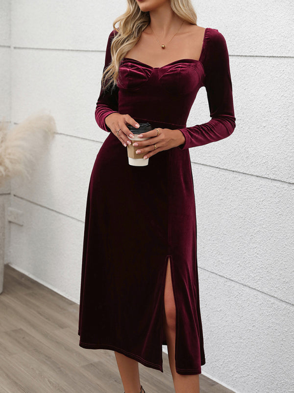 Elegant Velvet Maxi Dress with Side Slit for Autumn and Winter Parties