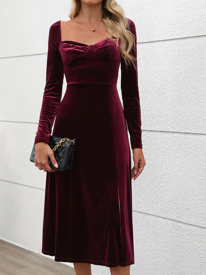 Elegant Velvet Maxi Dress with Side Slit for Autumn and Winter Parties