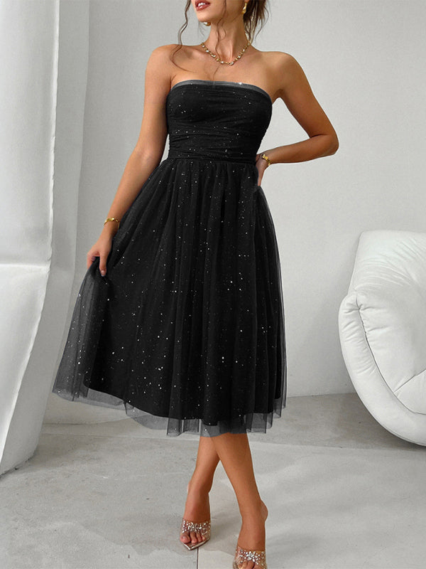 Strapless High-Waisted Mesh Midi Dress for Evening Events