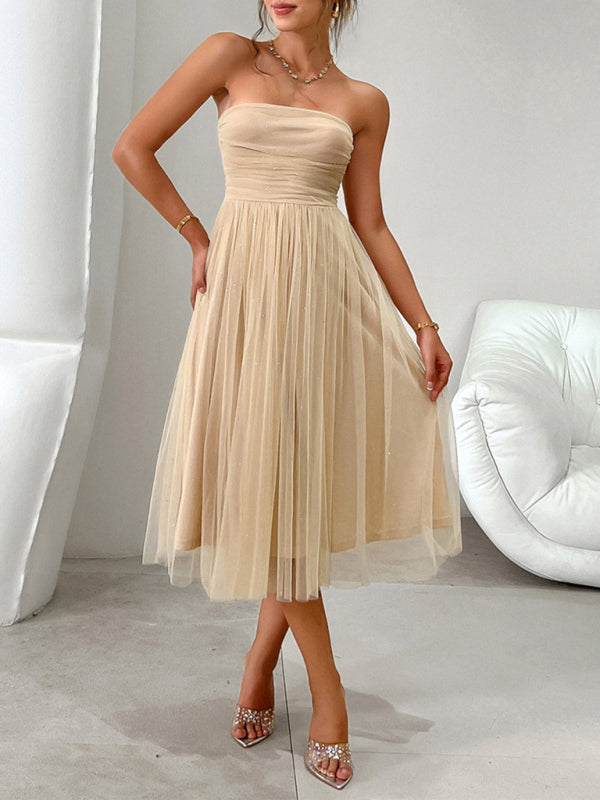 Strapless High-Waisted Mesh Midi Dress for Evening Events