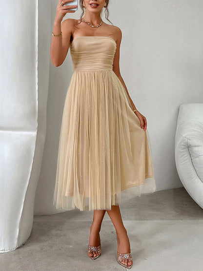 Strapless High-Waisted Mesh Midi Dress for Evening Events