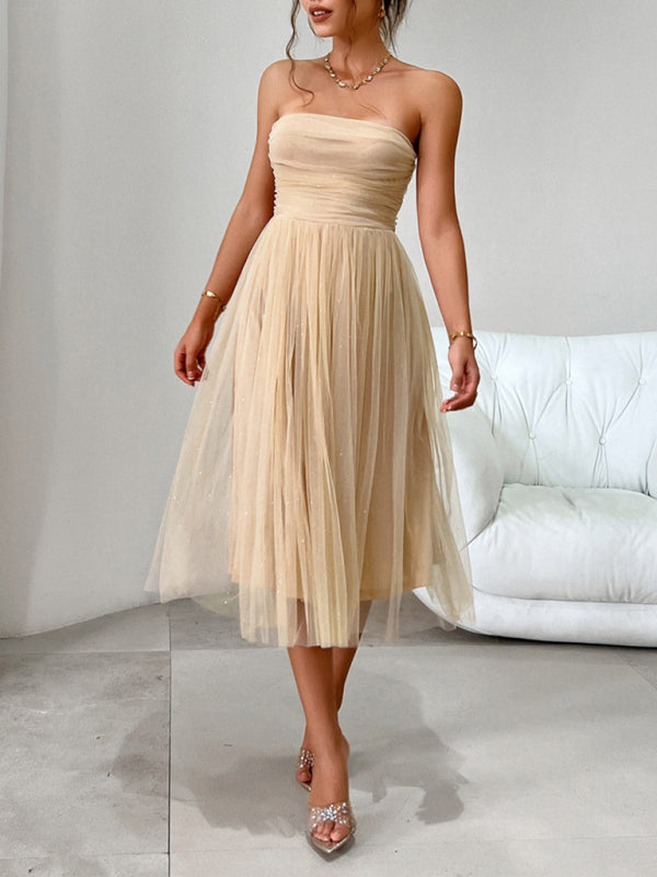 Strapless High-Waisted Mesh Midi Dress for Evening Events