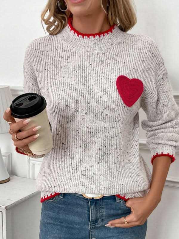 Half turtleneck heart pattern sweater, cozy knit for autumn-winter.